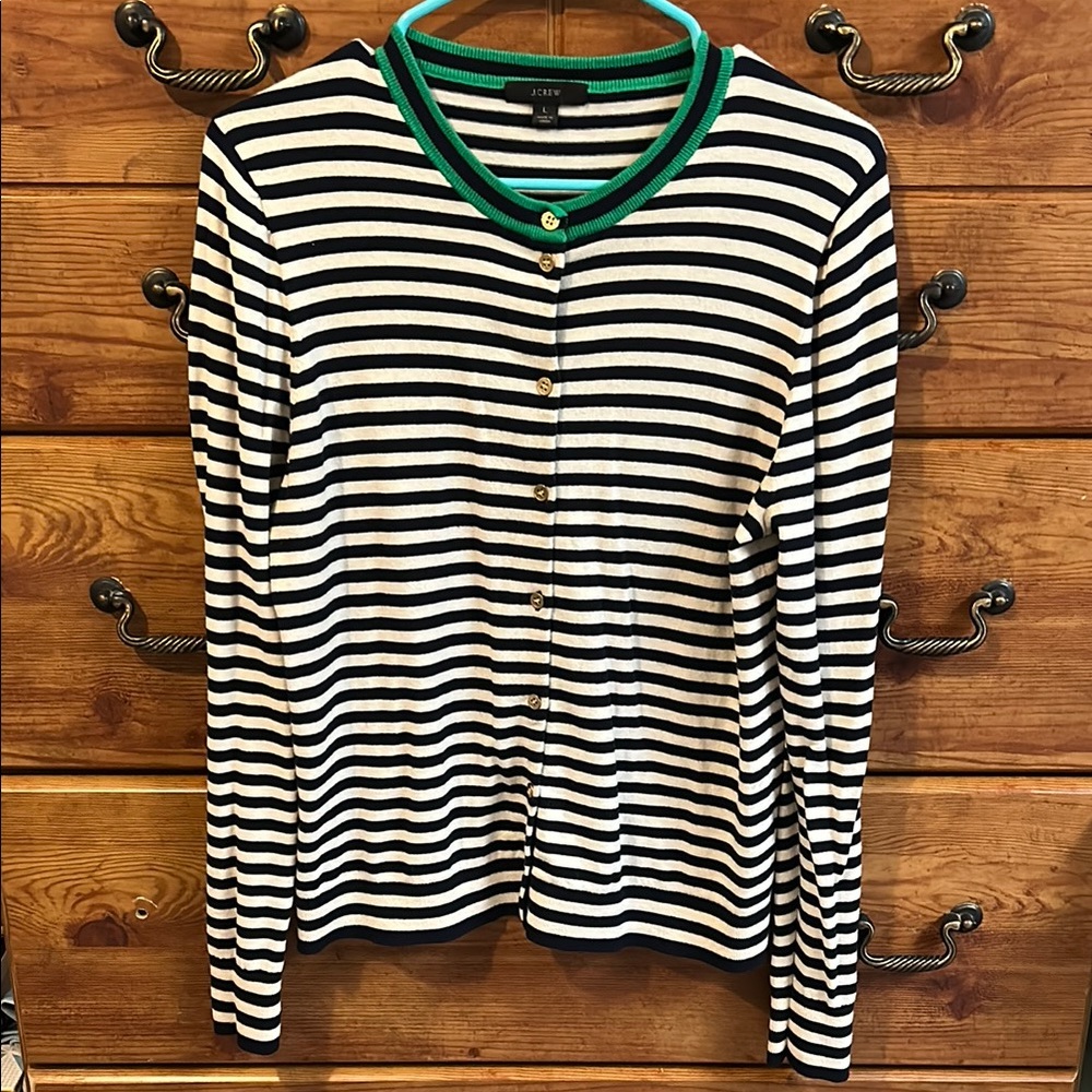 J. Crew Navy and White Striped Cardigan with Green Accents and gold buttons